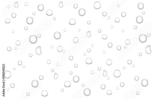 Realistic 3D Water Drops Background with Glossy Liquid Droplets. Horizontal vector illustration.
