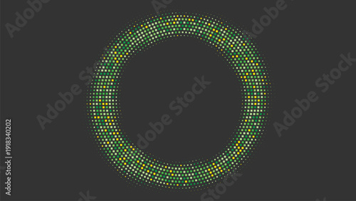 Abstract circular pixel ring frame, green and yellow square dots forming round halftone border on dark background, modern digital technology concept with empty center space