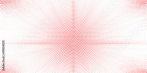 Abstract red radial halftone burst pattern, circular dotted wave background expanding from center on white backdrop, modern dynamic energy design for technology and marketing concept