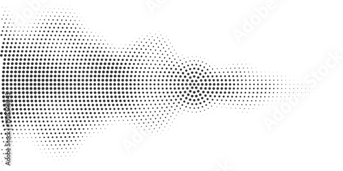 Abstract black halftone wave pattern, geometric dotted flow shape fading on white background, modern minimal technology texture for digital data and sound visualization concept