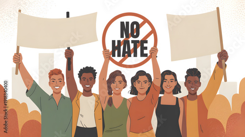 Diverse group of people protesting hate.