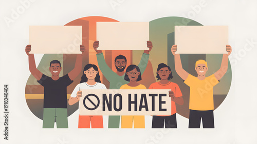 Diverse group holding anti hate signs.