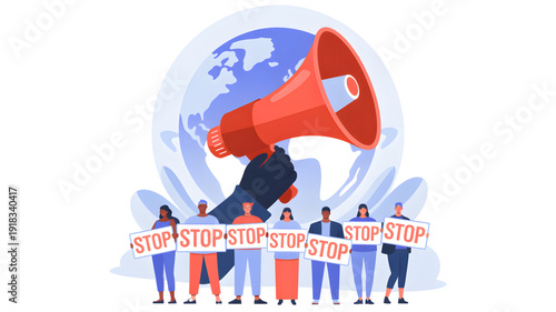 People protesting with megaphone and signs.