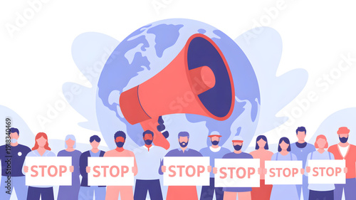 People protesting with megaphone and signs.