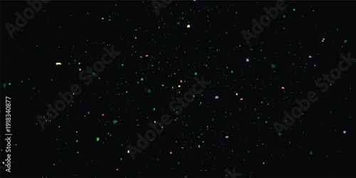 Colorful glowing particles on black background, abstract random dot texture, vibrant digital confetti pattern, modern cosmic sparkle backdrop