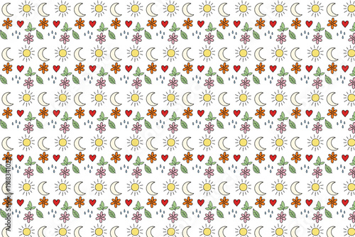 Celestial Nature Doodle Pattern – Seamless Sun Moon Flower and Heart Icon Background