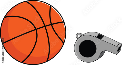 Classic orange basketball and silver referee whistle sports equipment icon set for competition game and athletic training vector.