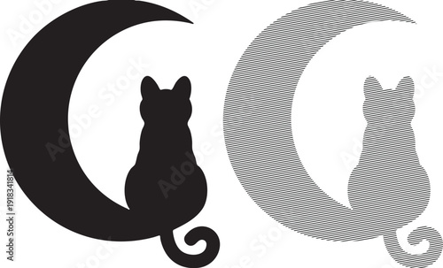 Black and striped silhouette of a cat sitting on a crescent moon abstract celestial