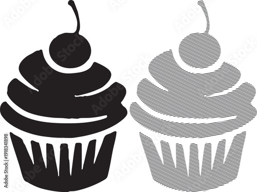 Black and white of a cupcake with cherry on in solid and striped styles muffin dessert