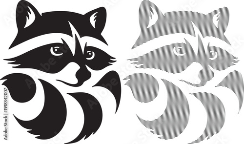 Black and white of a raccoon face with striped detail on white animal head