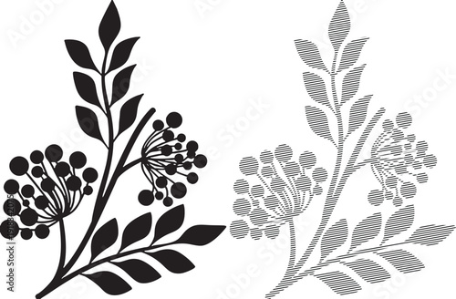 Black and white of botanical branches with leaves and berries in solid and line styles