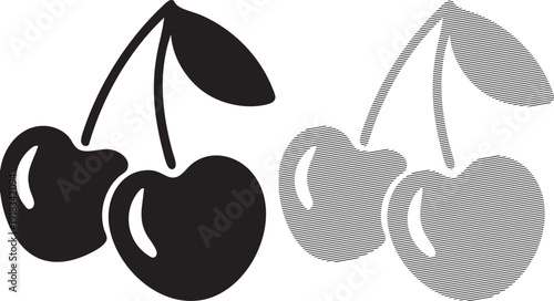 Black and white of cherries with leaves on stems solid and striped cherry fruit
