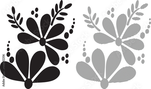 Black floral one solid silhouette and one with fine horizontal line shading flower