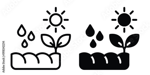 Simple Line Art of Plant Growing in Garden with Water Droplets and Sun