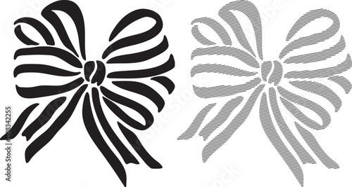 Black silhouette and hatched outline of a decorative bow with flowing ribbons on white background