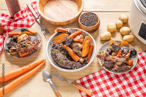 Obraz na plátně Slow cooker beef pot roast and vegetables. Hearty dinner food