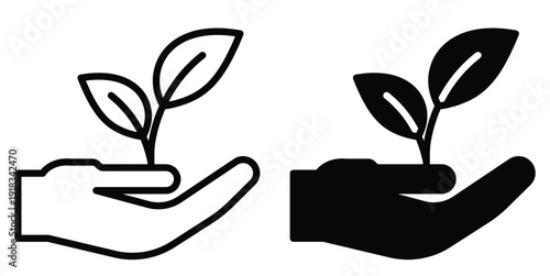 Minimalist hand holding green plant illustration on white background