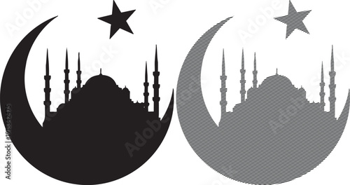 Crescent Moon with Mosque and Star Silhouette on White Background with Striped Version