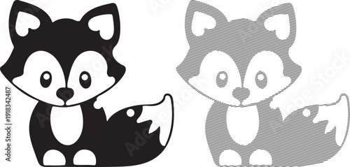 Cute cartoon fox in black and white solid and striped styles animal character