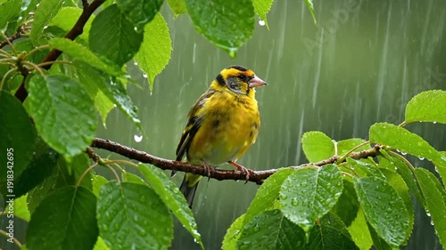 Yellow Bird Sitting on Branch.