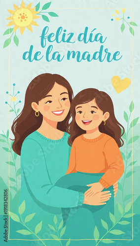 Mother and daughter smiling in a floral Mother's Day illustration