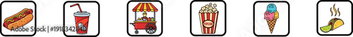 Fast food and snack icons for concession stands on white background