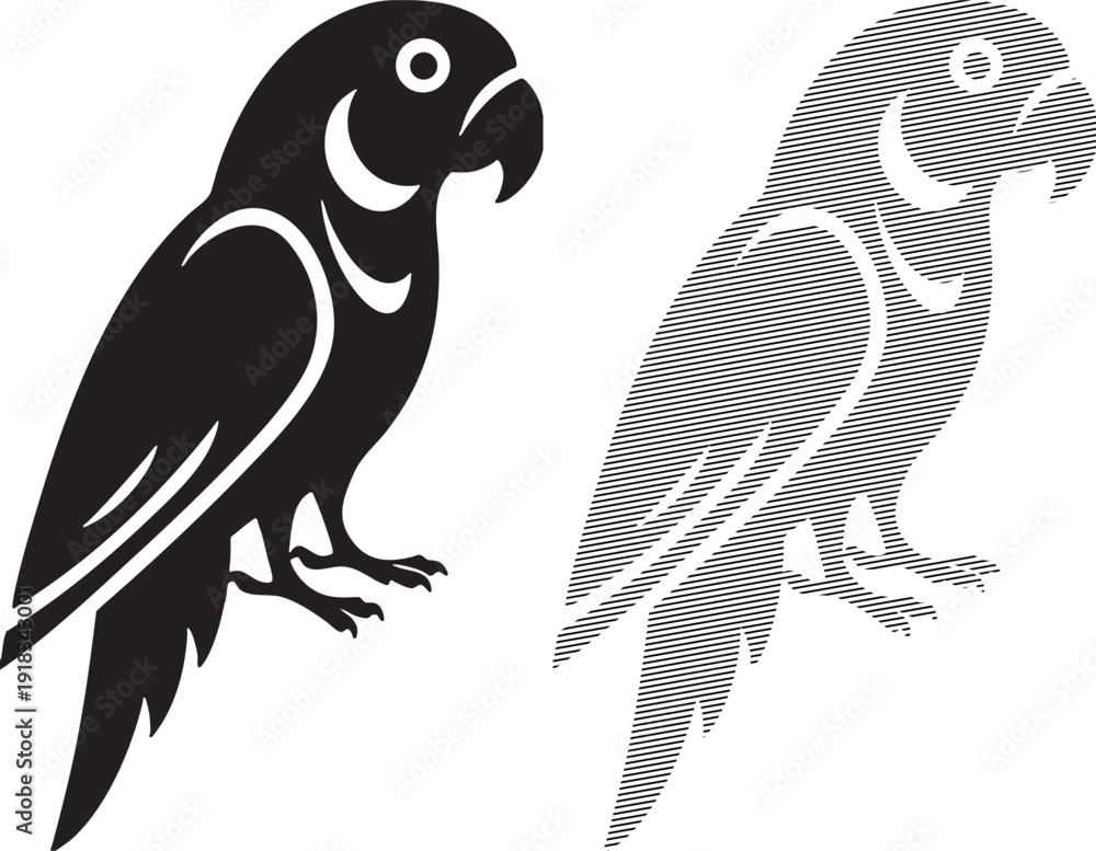 Fototapeta premium Silhouette of a parrot and its lined fill version on white background bird tropical
