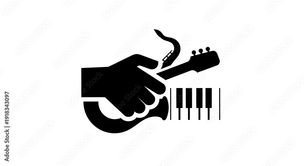 Fototapeta premium Silhouette of Hand Playing Piano Keys with Guitar Headstock on Isolated White Background