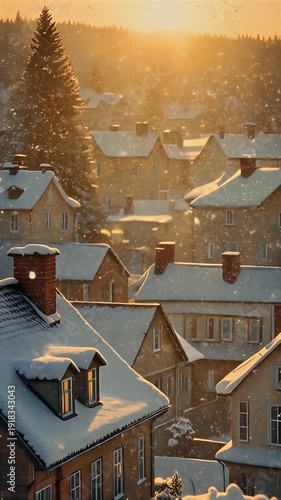 Winter cityscape with houses, snow-covered roofs, and golden sunlight