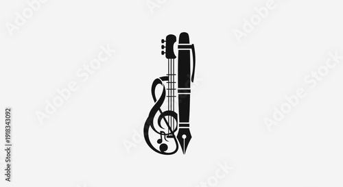 Silhouette of Guitar Headstock Treble Clef and Writing Pen on Isolated White Background