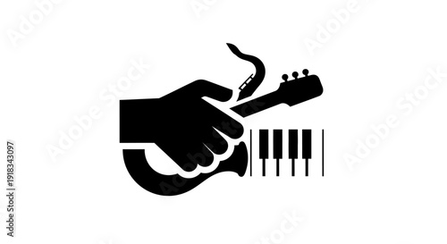 Silhouette of Hand Playing Piano Keys with Guitar Headstock on Isolated White Background