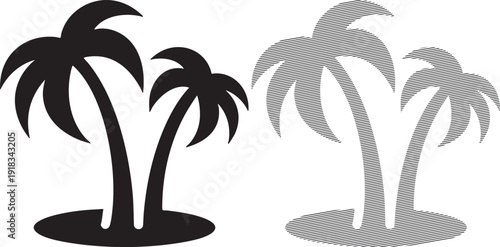 Two black palm trees on islands one solid silhouette and one with fine horizontal line shading