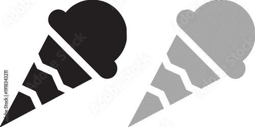 Two black ice cream cone one solid and one with parallel line shading on white dessert