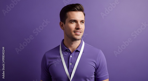 Smiling man portrait with lanyard purple polo shirt expresses cheerful positive attitude looking at side against solid violet backdrop