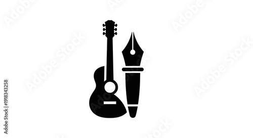 Creative Logo Combining Acoustic Guitar and Fountain Pen on Isolated White Background, Symbolizing Music and Writing.