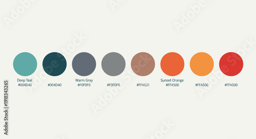 Modern Color Palette with Deep Teal, Warm Gray, and Sunset Orange Swatches Including Hexadecimal Codes in Bright Studio.