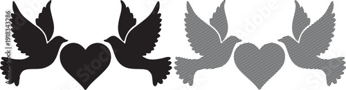 Two Doves Embracing a Heart Silhouette on White Background with Striped Version