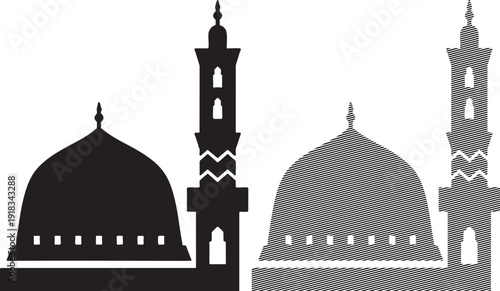 Two mosque silhouettes one solid black and one with diagonal black stripes on white