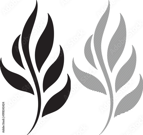Two stylized black leaf motifs one solid and one with parallel line shading on white