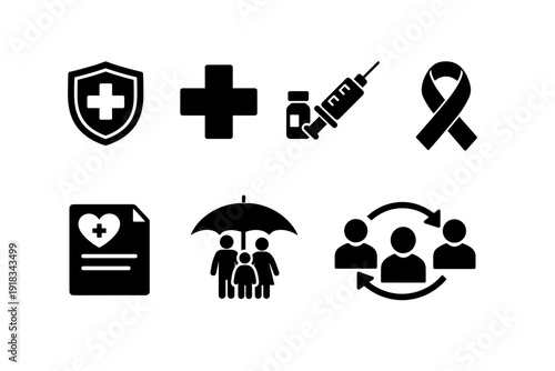 Collection of Healthcare Icons Shield Cross Syringe Ribbon Medical Document Umbrella Family Group and Networking