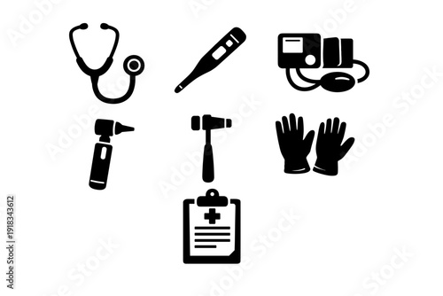 Medical Icons Set Including Stethoscope Thermometer Blood Pressure Monitor And Otoscope