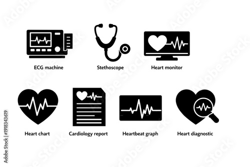 Medical Icons Representing Heart Health And Cardiology With ECG Monitor Stethoscope And Heartbeat Graph