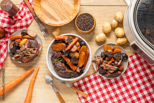 Slow cooker beef pot roast and vegetables. Hearty dinner food