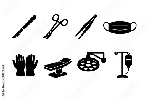 Medical Surgical Equipment Icons Set Scalpel Forceps Scissors Gloves Mask Hospital Bed And IV Drip