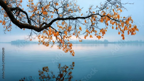 Wallpaper Mural Calm lake scene with branches of orange leaves reflected in the tranquil water Torontodigital.ca