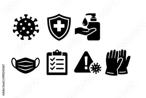 Set Of Covid 19 Protection Icons Including Virus Mask Sanitizer Gloves Shield And Warning Sign