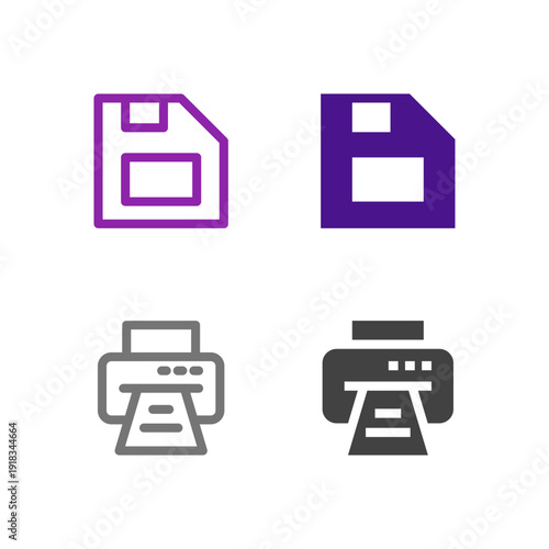 Flat Colored Save and Print Icon Set for Office and Productivity App Interface