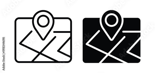 Map icons with location pin symbol in black and white style for design projects