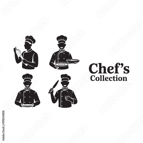 Chef's Collection: Black and white graphic set featuring four chefs demonstrating different culinary skills, ideal for restaurant menus or cooking school branding.