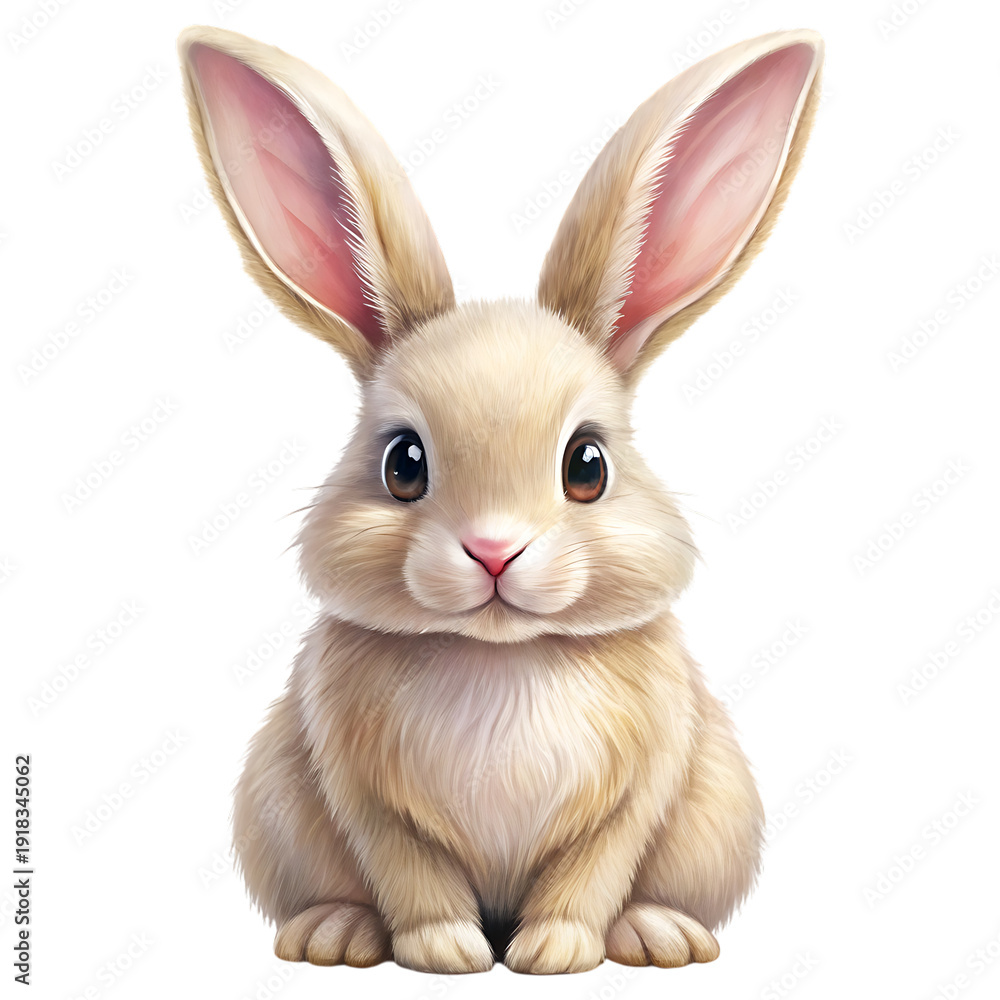 Fototapeta premium Cute light brown bunny with large ears and big eyes isolated on a transparent background rabbit beige
